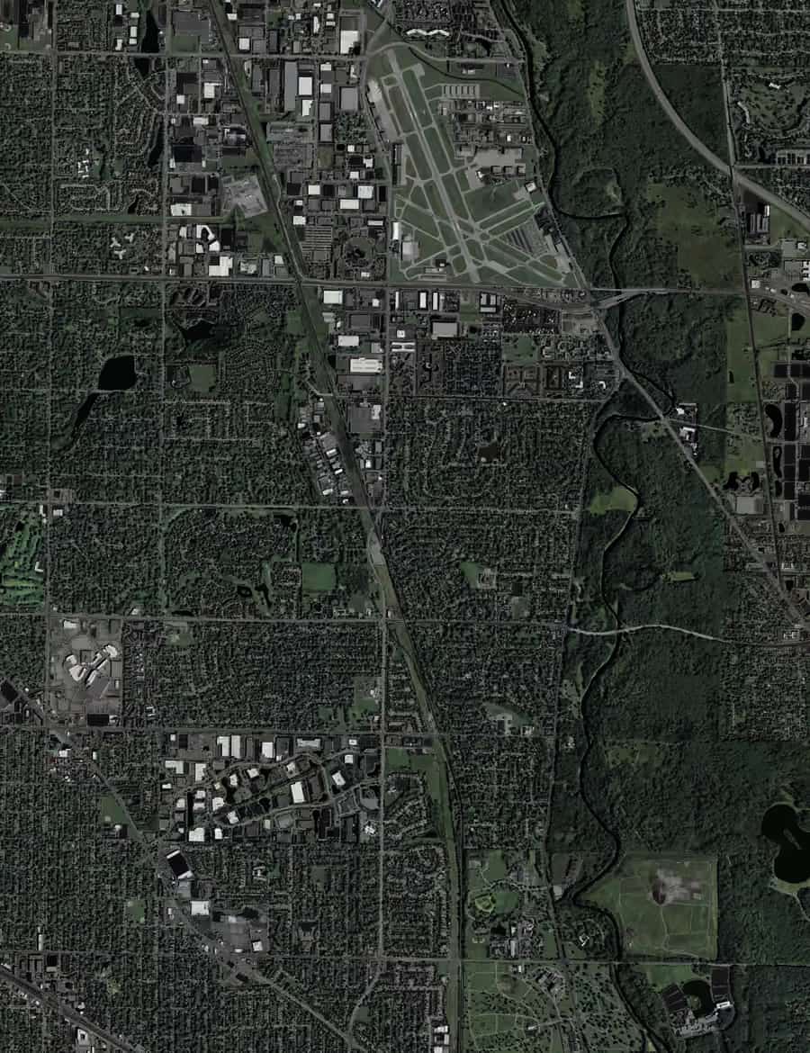 2021 full frame NAIP aerial showing eastern Mount Prospect neighborhoods, Randhurst Village, Kensington Business Center, regional roads, and adjoining open space