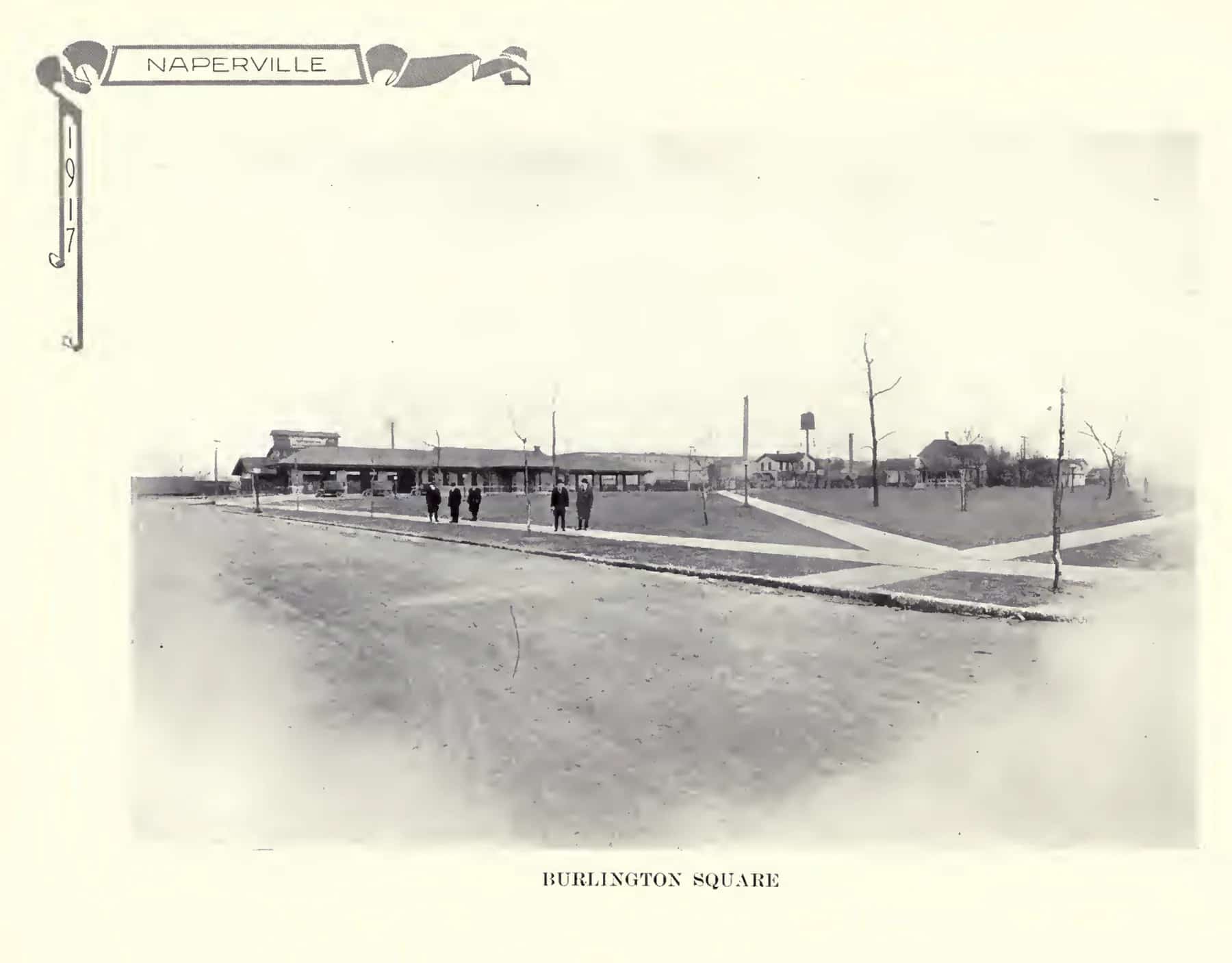 Burlington Square, its station platform, park paths, and surrounding streets in Naperville