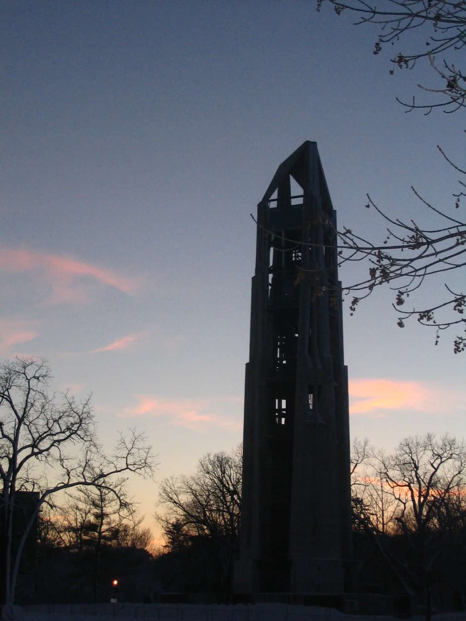 Moser Tower and the Millennium Carillon at dusk during the completion period