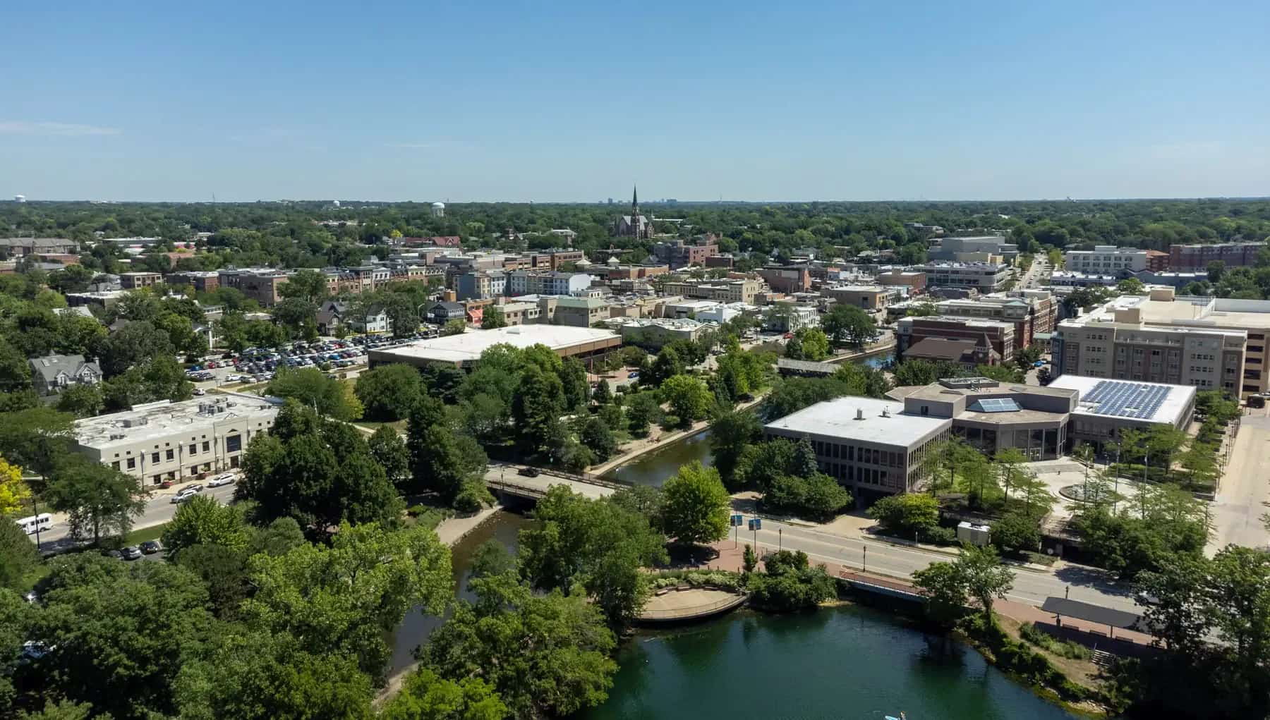 Recognizable downtown Naperville and Riverwalk skyline