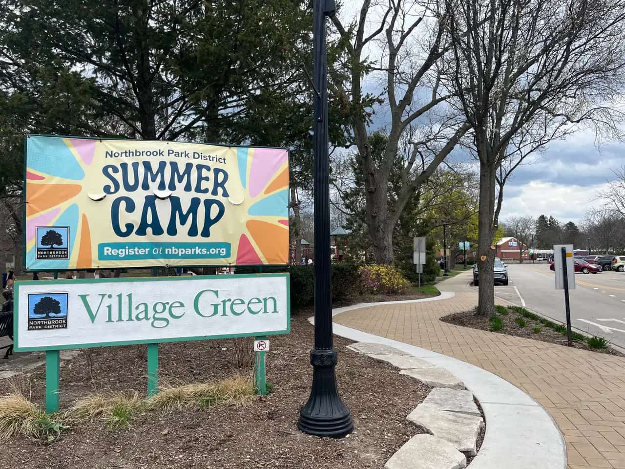 Village Green entrance and park path in downtown Northbrook